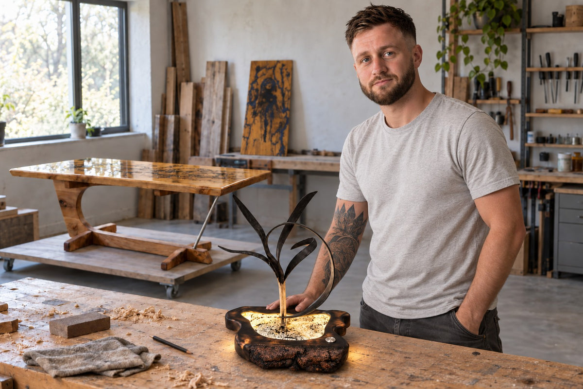Dennis Grabania an seiner Werkbank mit einer Holzlampe und seinen Möbelentwürfen – KI-generierte Darstellung
