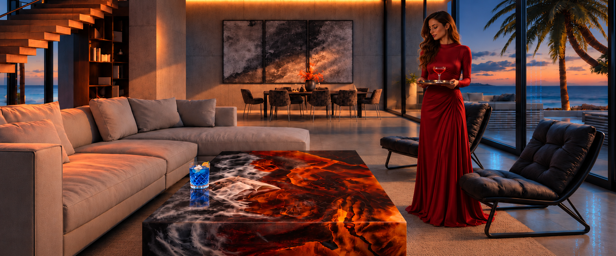 Konzeptvisualisierung eines Wohnraums mit Epoxidharztisch, blauem Getränk und einer Frau in rotem Kleid mit rotem Getränk; dezente Code-Reflexionen.